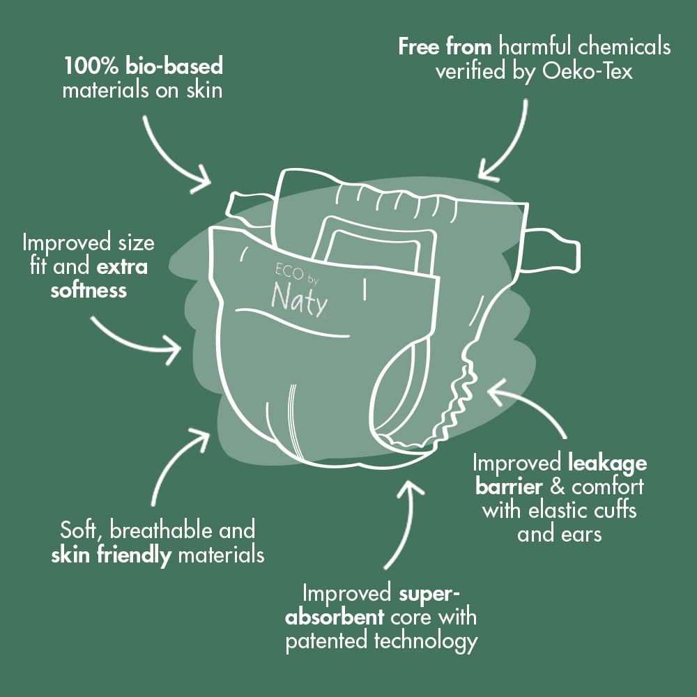 Eco by Naty Couches écologiques pour bébé nouveau-né – Matériaux 100 % végétaux sur la peau, extra doux, pour peau sensible et super absorbantes (taille N, 100 pièces)