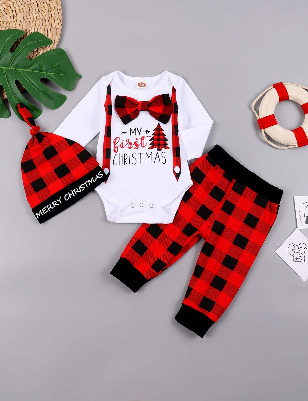My First Christmas Newborn Girl Boy Xmas Outfits Bow Bodysuit Pants Plaid Hat Infant Christmas Clothes Set