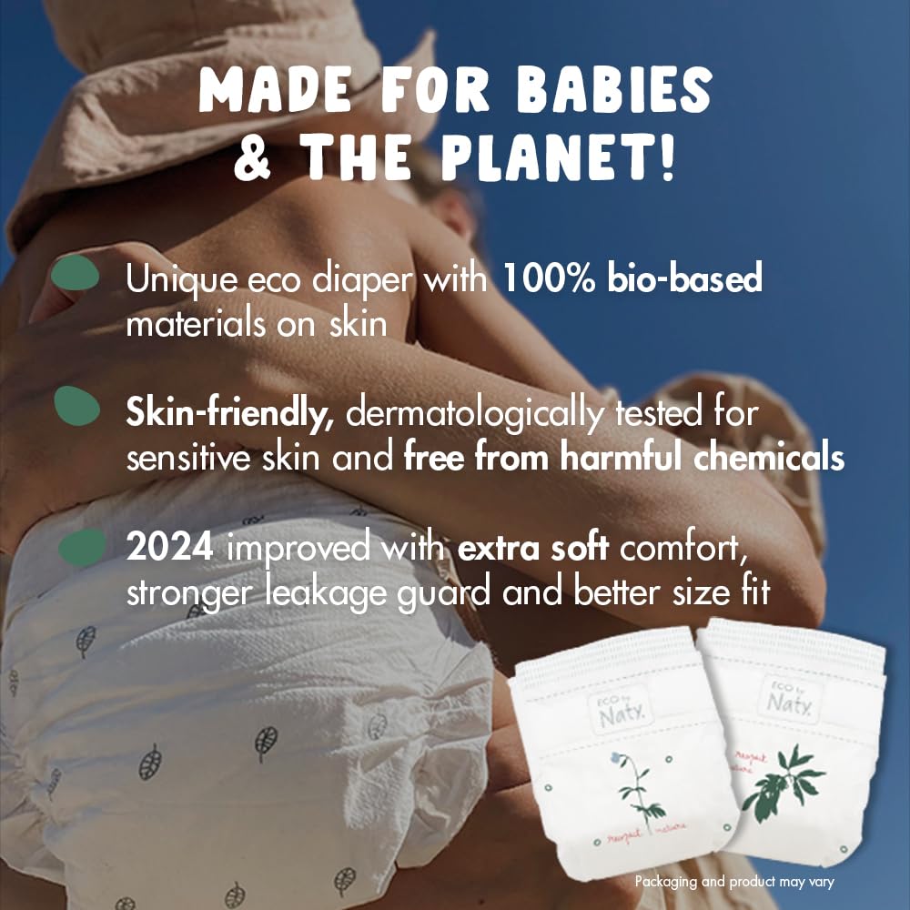 Eco by Naty Couches écologiques pour bébé nouveau-né – Matériaux 100 % végétaux sur la peau, extra doux, pour peau sensible et super absorbantes (taille N, 100 pièces)