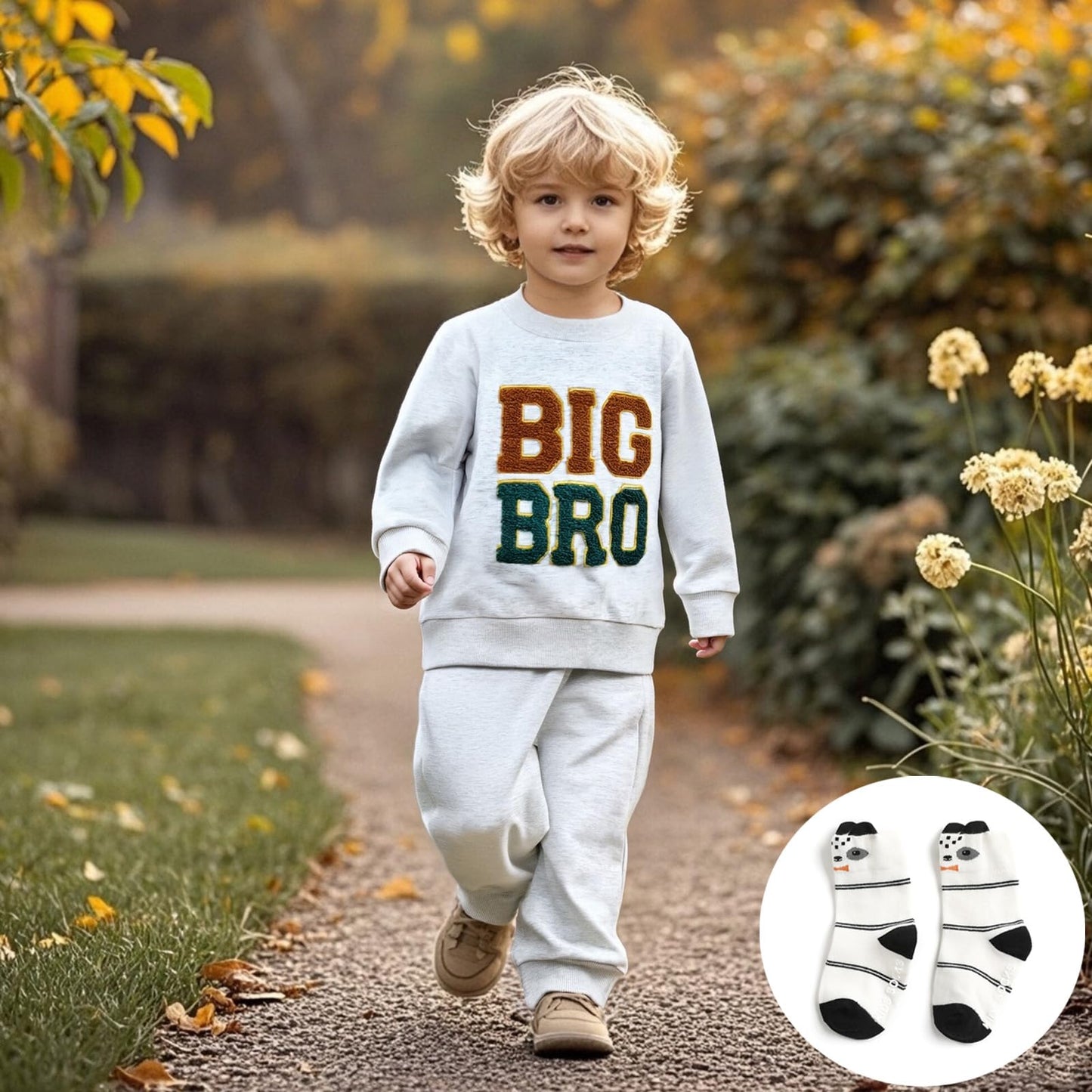 Ouliycoqi 3Pcs Toddler Big Brother Lilttle Bro Baby Long Sleeve Contrast Color Pants Sweatshirt Socks Fall Winter Sets
