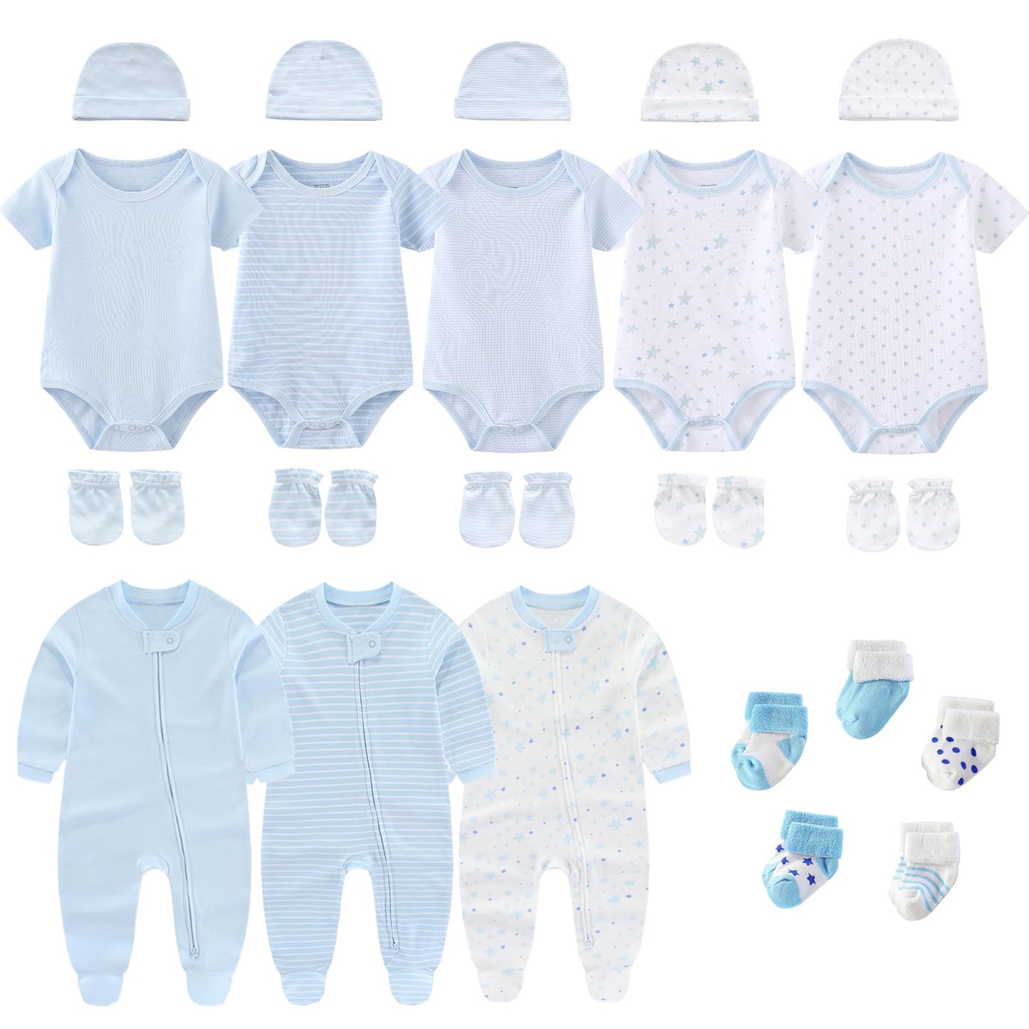 Ruliby New Born Clothes Cotton Baby Bodysuit Soft Romper and Accessories Layette Set 0-6 Months, 23-pack