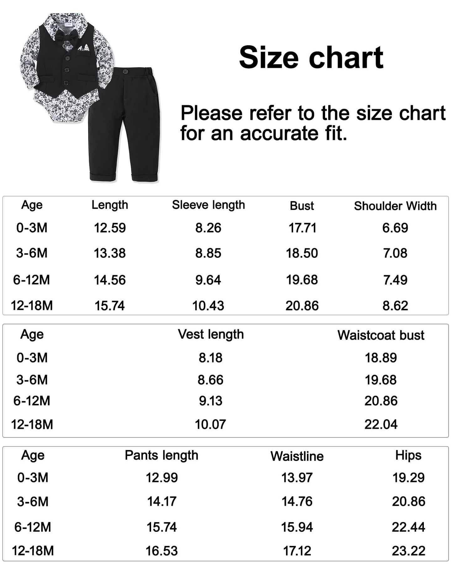 YALLET Baby Boy Clothes Suit 0-18 Months Infant Boy Gentleman Outfits, Dress Shirt+Bowtie+Vest+Pants Set Wedding Party Suits