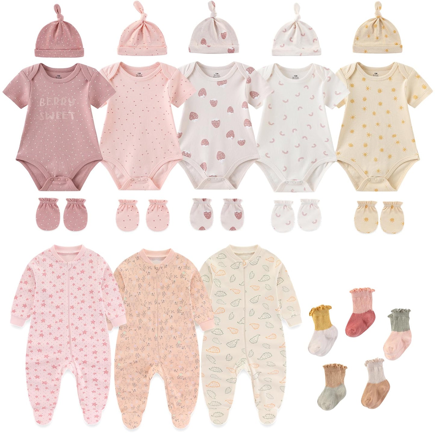 Ruliby New Born Clothes Cotton Baby Bodysuit Soft Romper and Accessories Layette Set 0-6 Months, 23-pack