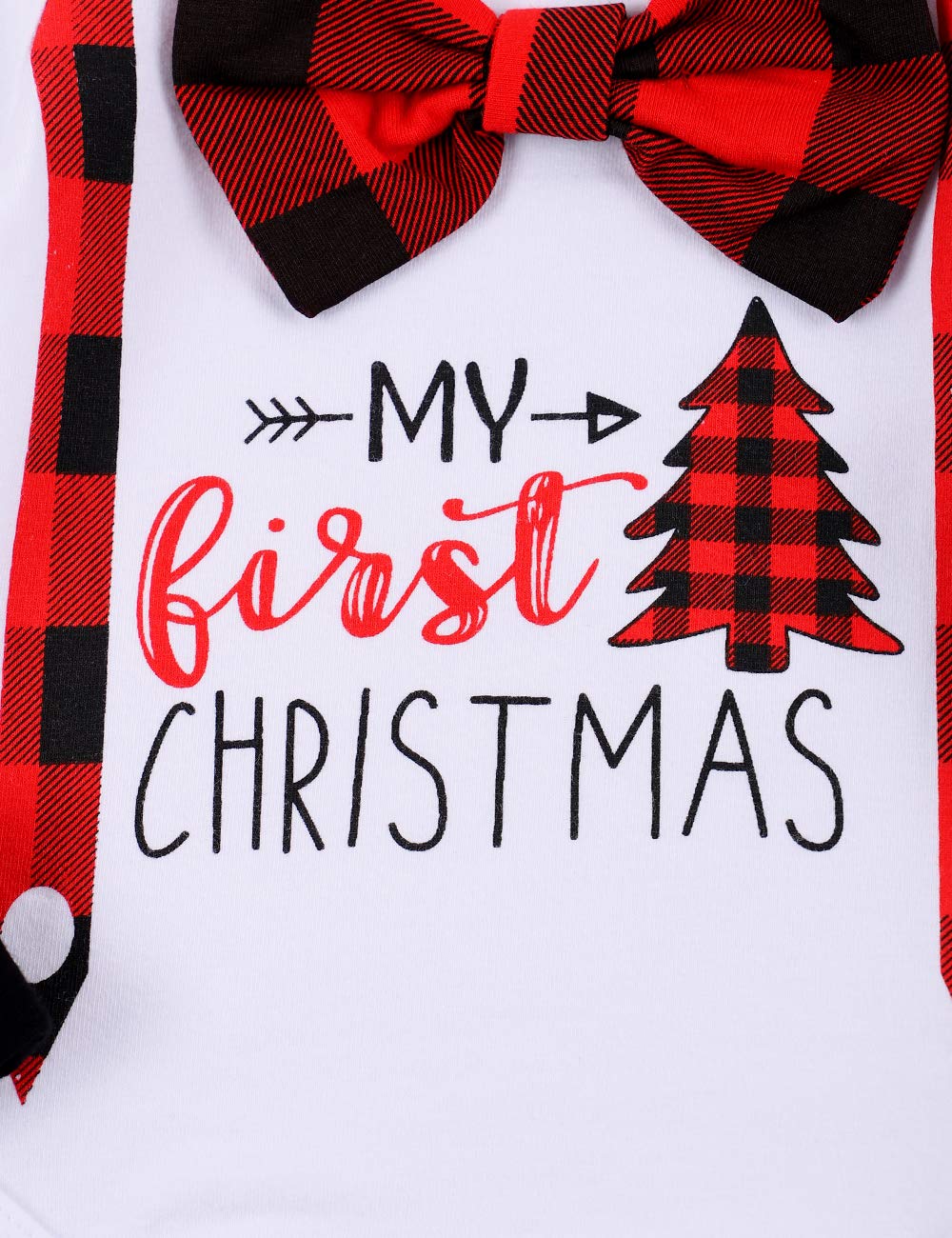 My First Christmas Newborn Girl Boy Xmas Outfits Bow Bodysuit Pants Plaid Hat Infant Christmas Clothes Set