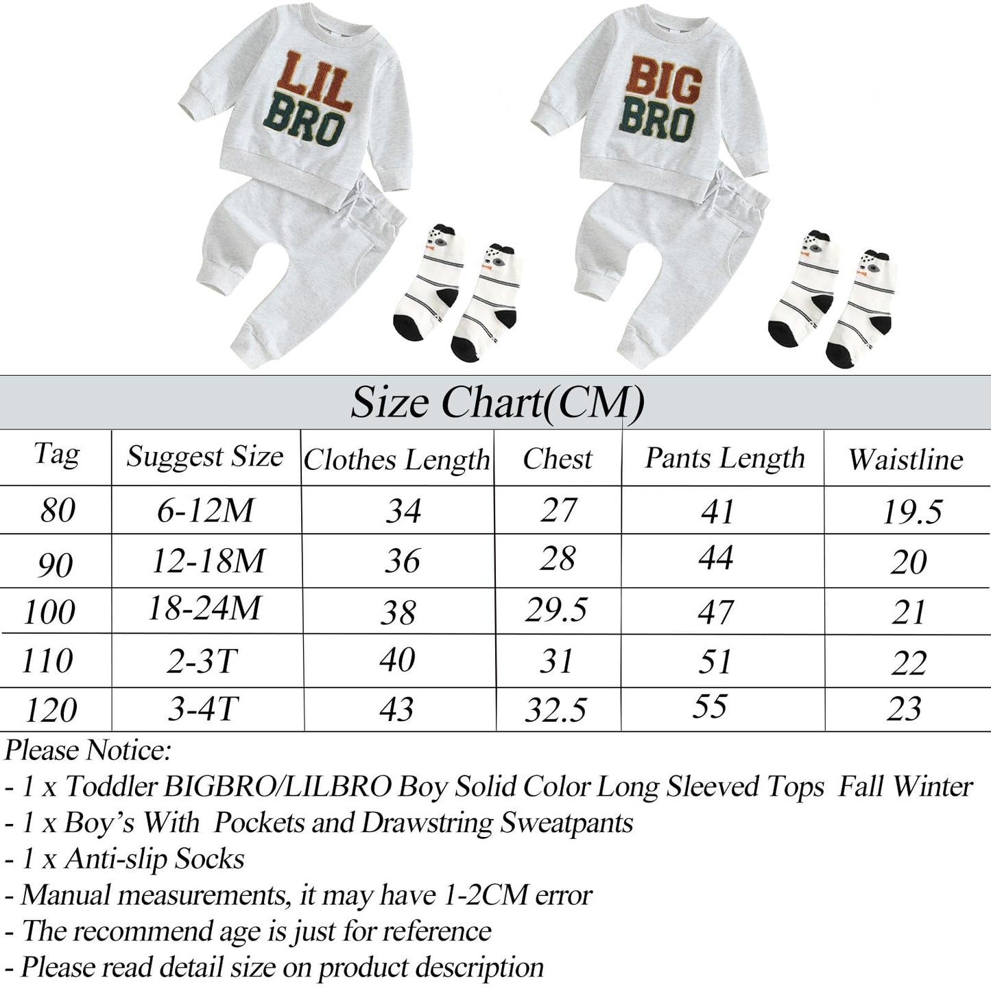 Ouliycoqi 3Pcs Toddler Big Brother Lilttle Bro Baby Long Sleeve Contrast Color Pants Sweatshirt Socks Fall Winter Sets