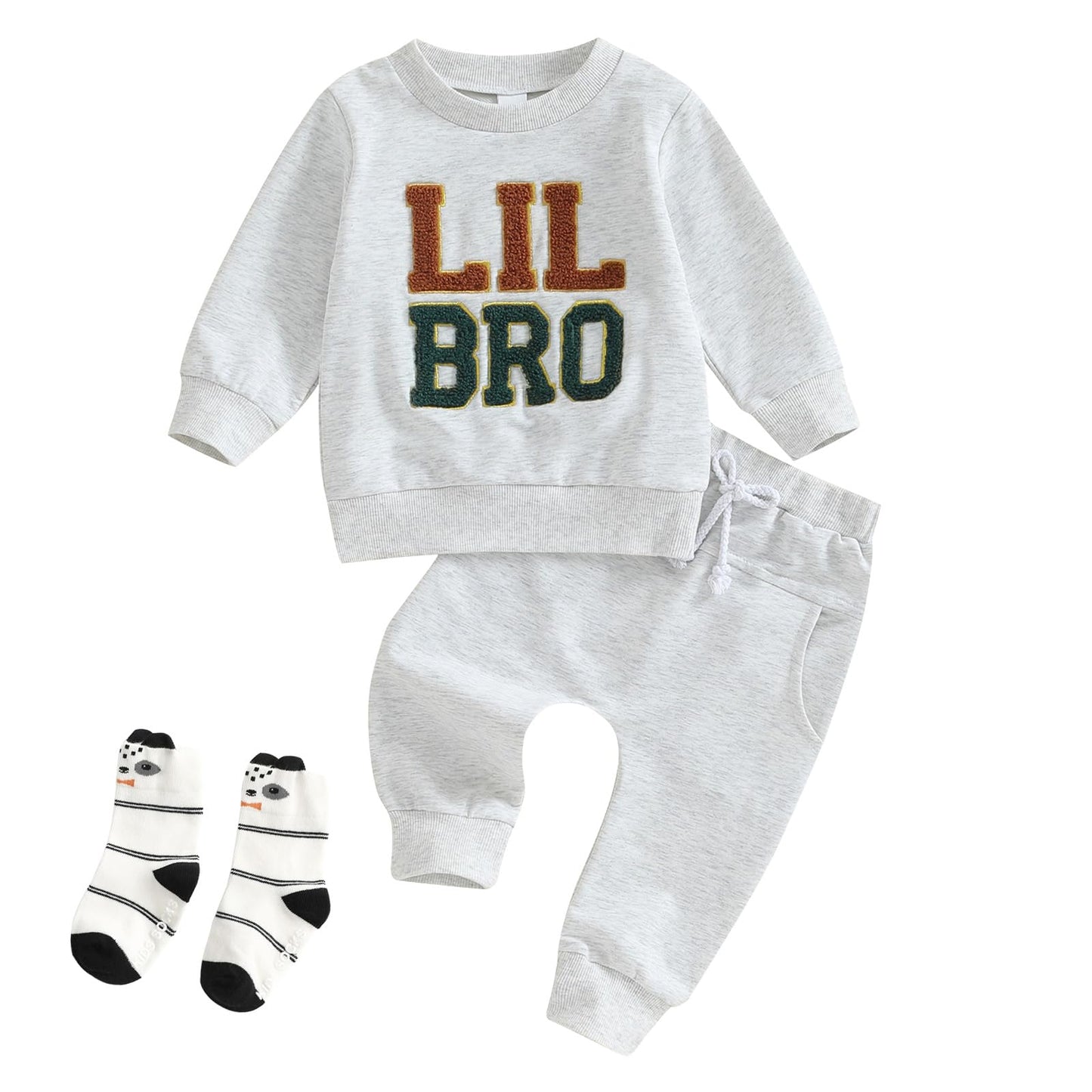 Ouliycoqi 3Pcs Toddler Big Brother Lilttle Bro Baby Long Sleeve Contrast Color Pants Sweatshirt Socks Fall Winter Sets