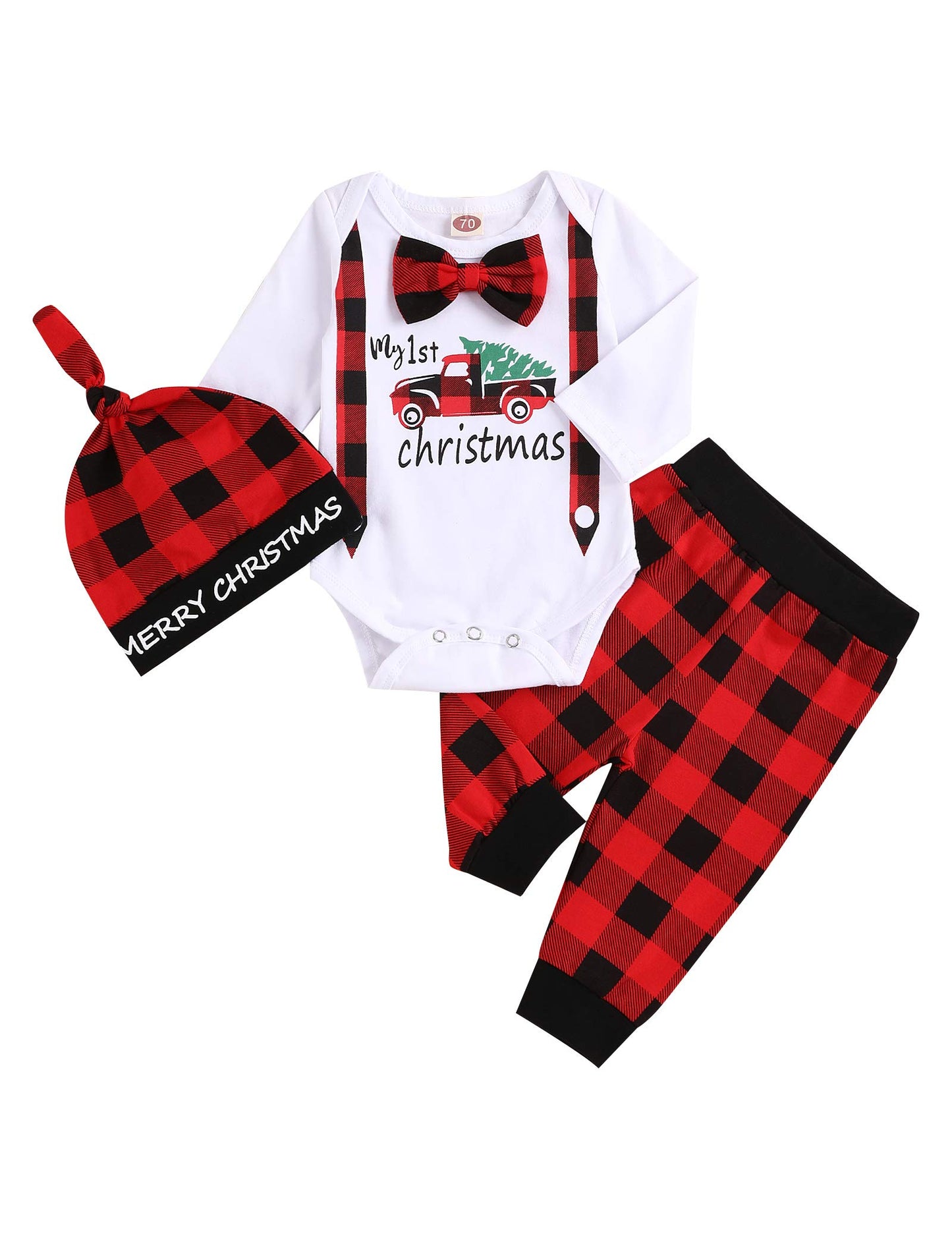 My First Christmas Newborn Girl Boy Xmas Outfits Bow Bodysuit Pants Plaid Hat Infant Christmas Clothes Set