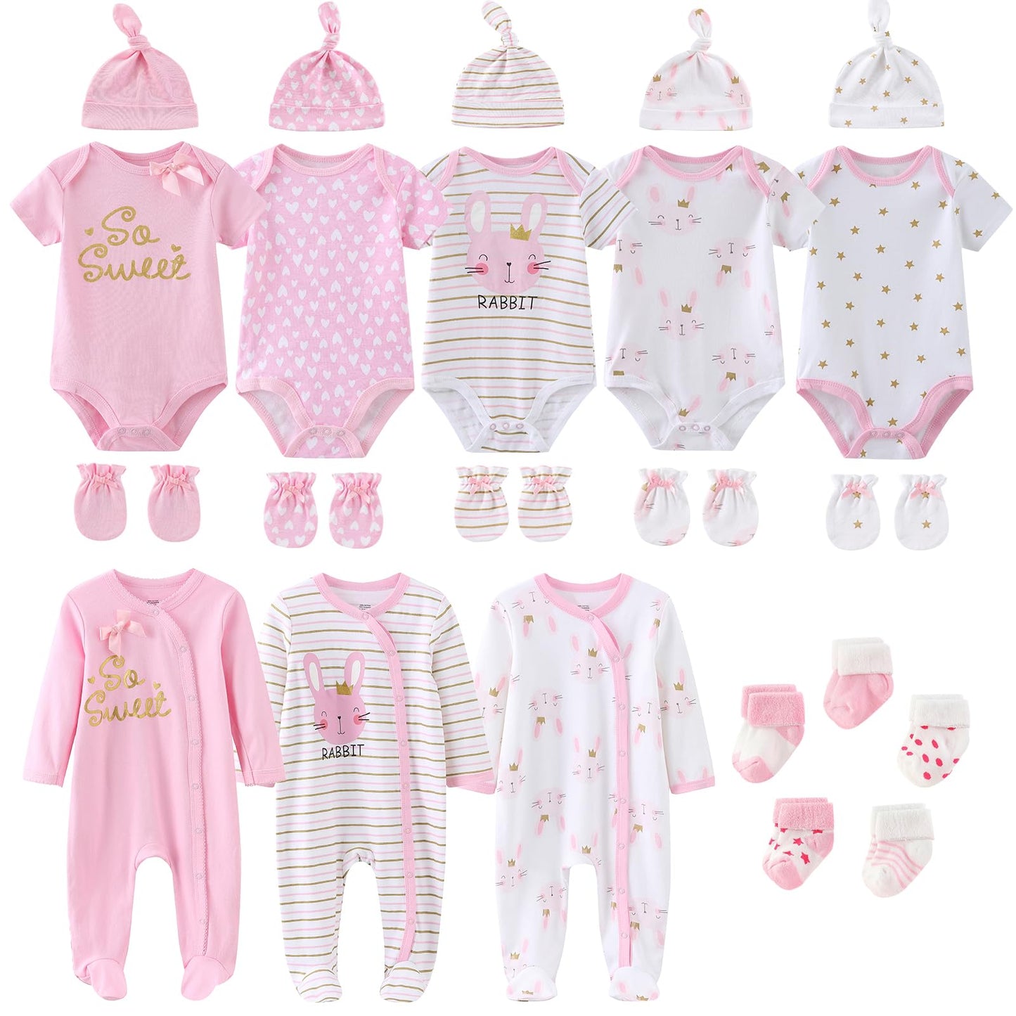 Ruliby New Born Clothes Cotton Baby Bodysuit Soft Romper and Accessories Layette Set 0-6 Months, 23-pack
