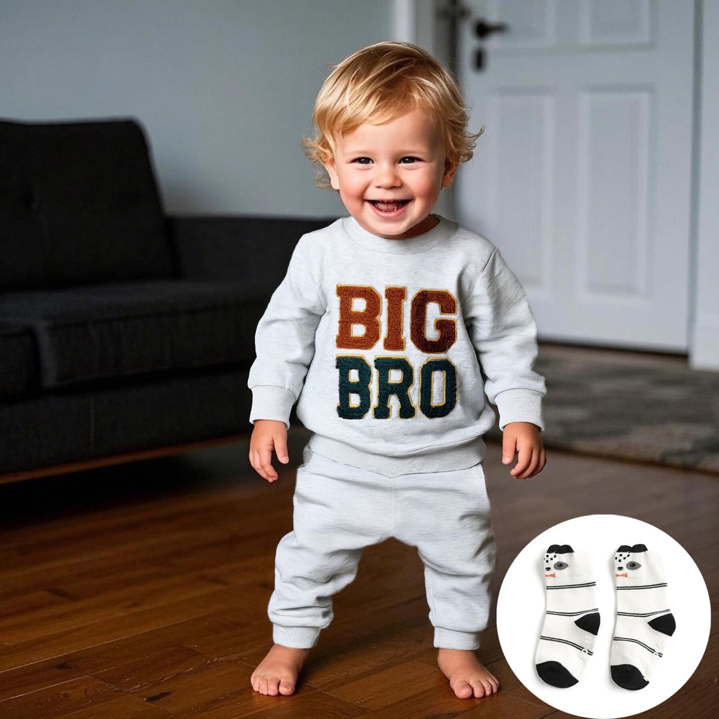 Ouliycoqi 3Pcs Toddler Big Brother Lilttle Bro Baby Long Sleeve Contrast Color Pants Sweatshirt Socks Fall Winter Sets
