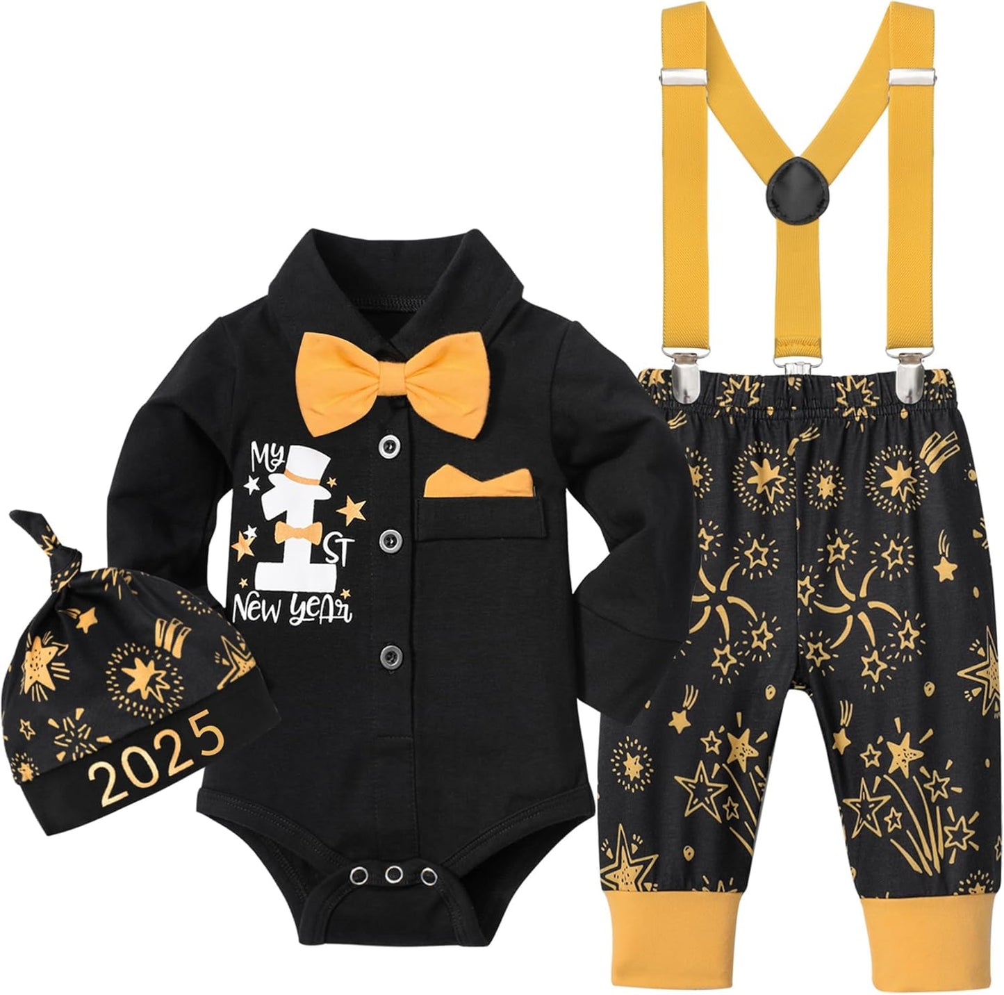 AGAPENG Baby Boy New Year Outfit My 1ST Happy New Year 2024 Gentleman Romper with Bow Tie Suspender Pants Hat 3PCS Clothing