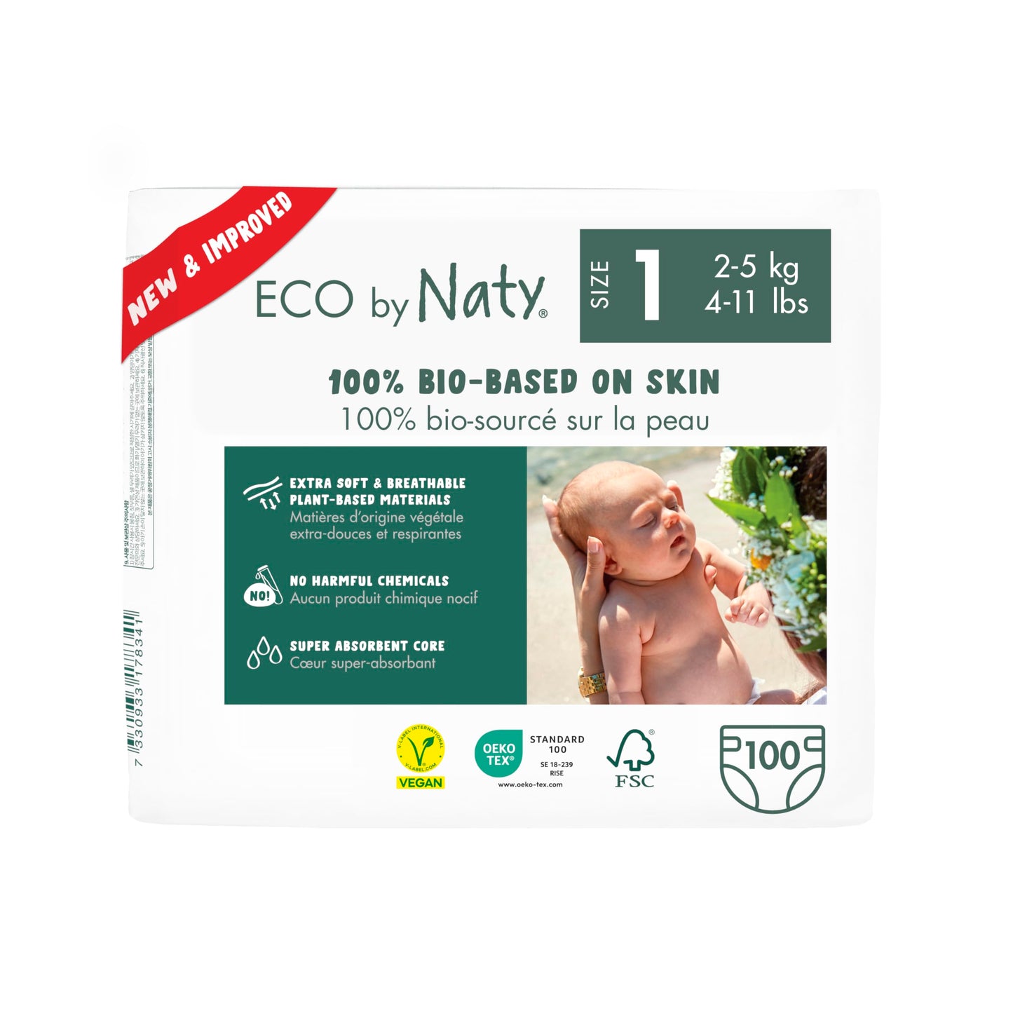 Eco by Naty Couches écologiques pour bébé nouveau-né – Matériaux 100 % végétaux sur la peau, extra doux, pour peau sensible et super absorbantes (taille N, 100 pièces)