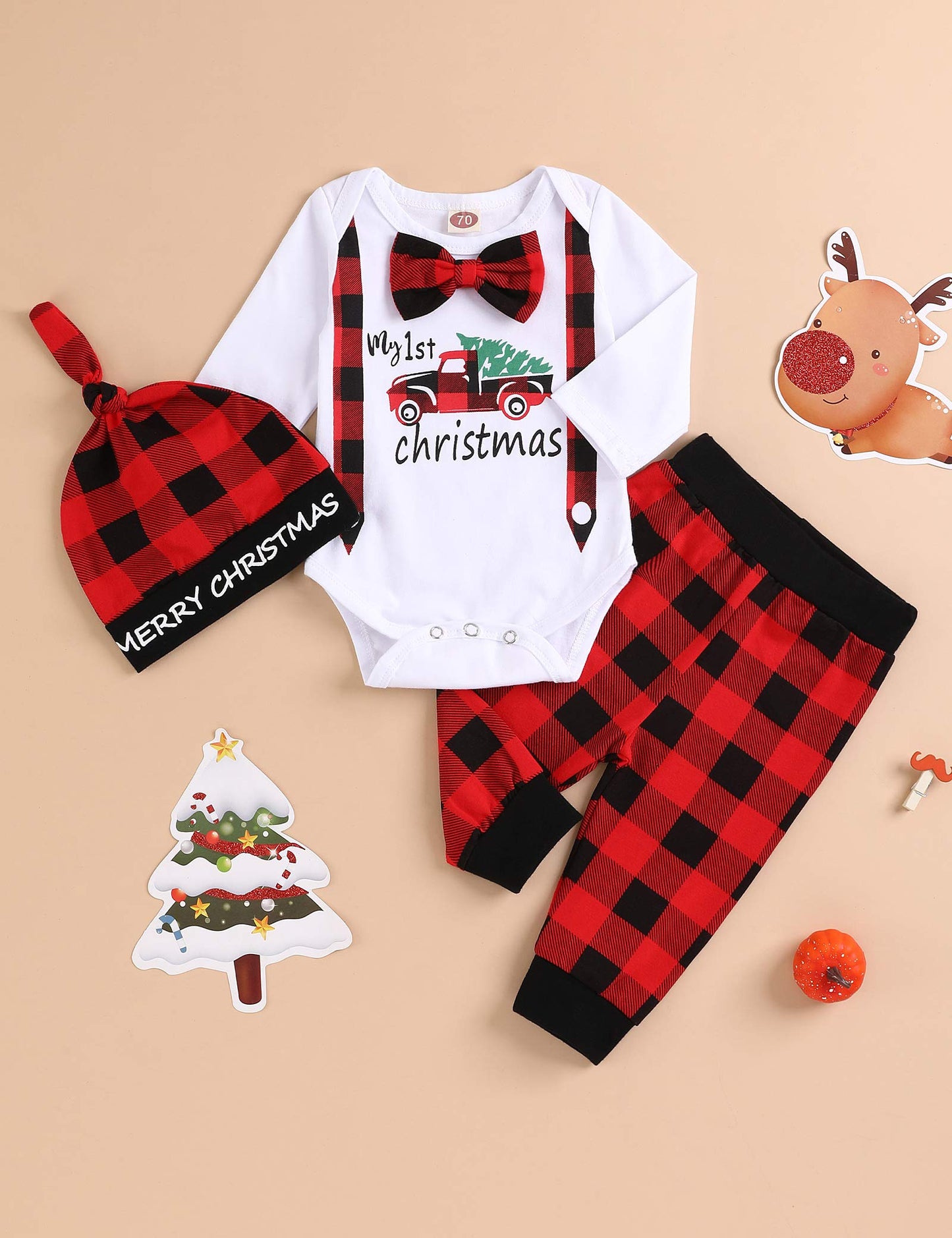 My First Christmas Newborn Girl Boy Xmas Outfits Bow Bodysuit Pants Plaid Hat Infant Christmas Clothes Set