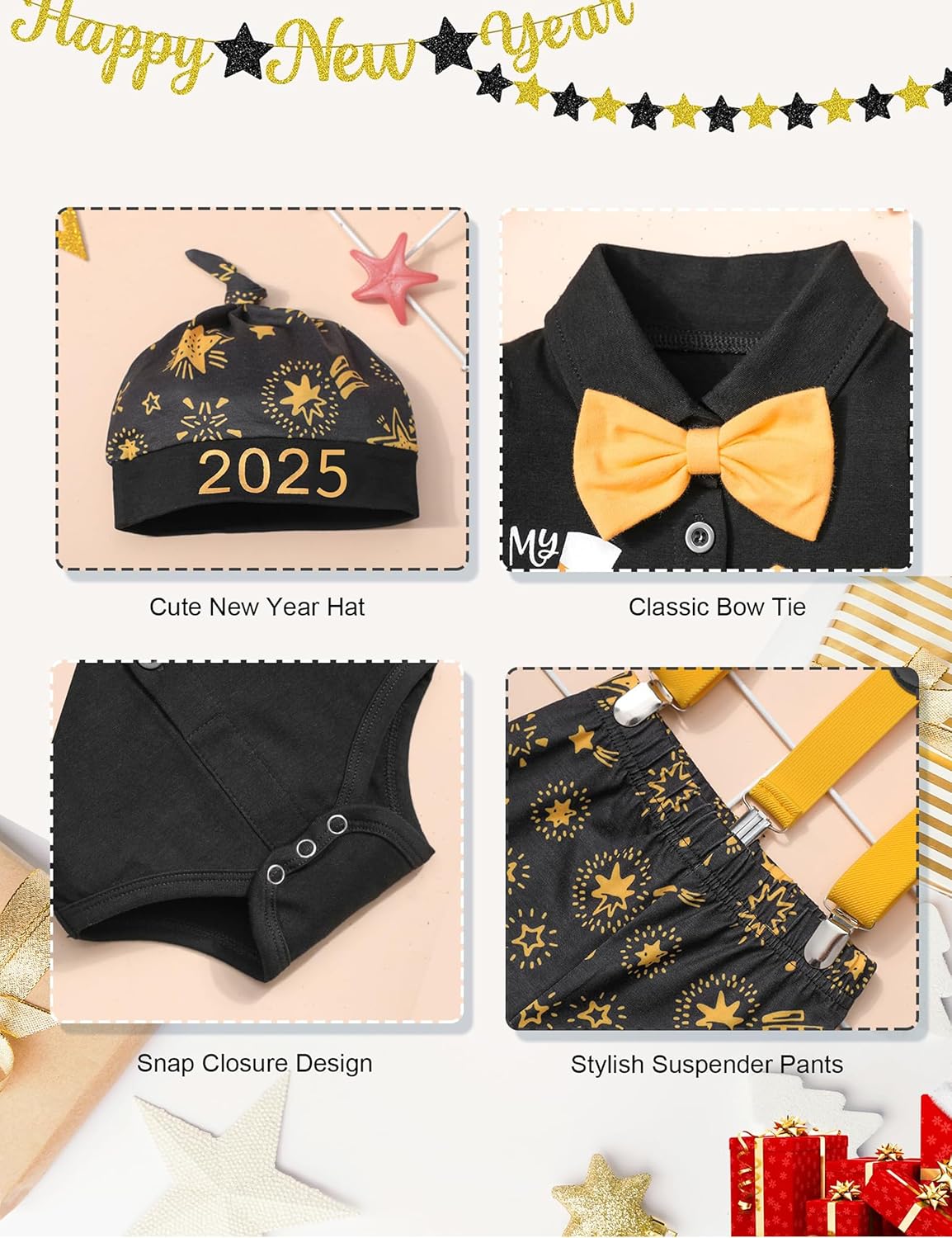 AGAPENG Baby Boy New Year Outfit My 1ST Happy New Year 2024 Gentleman Romper with Bow Tie Suspender Pants Hat 3PCS Clothing