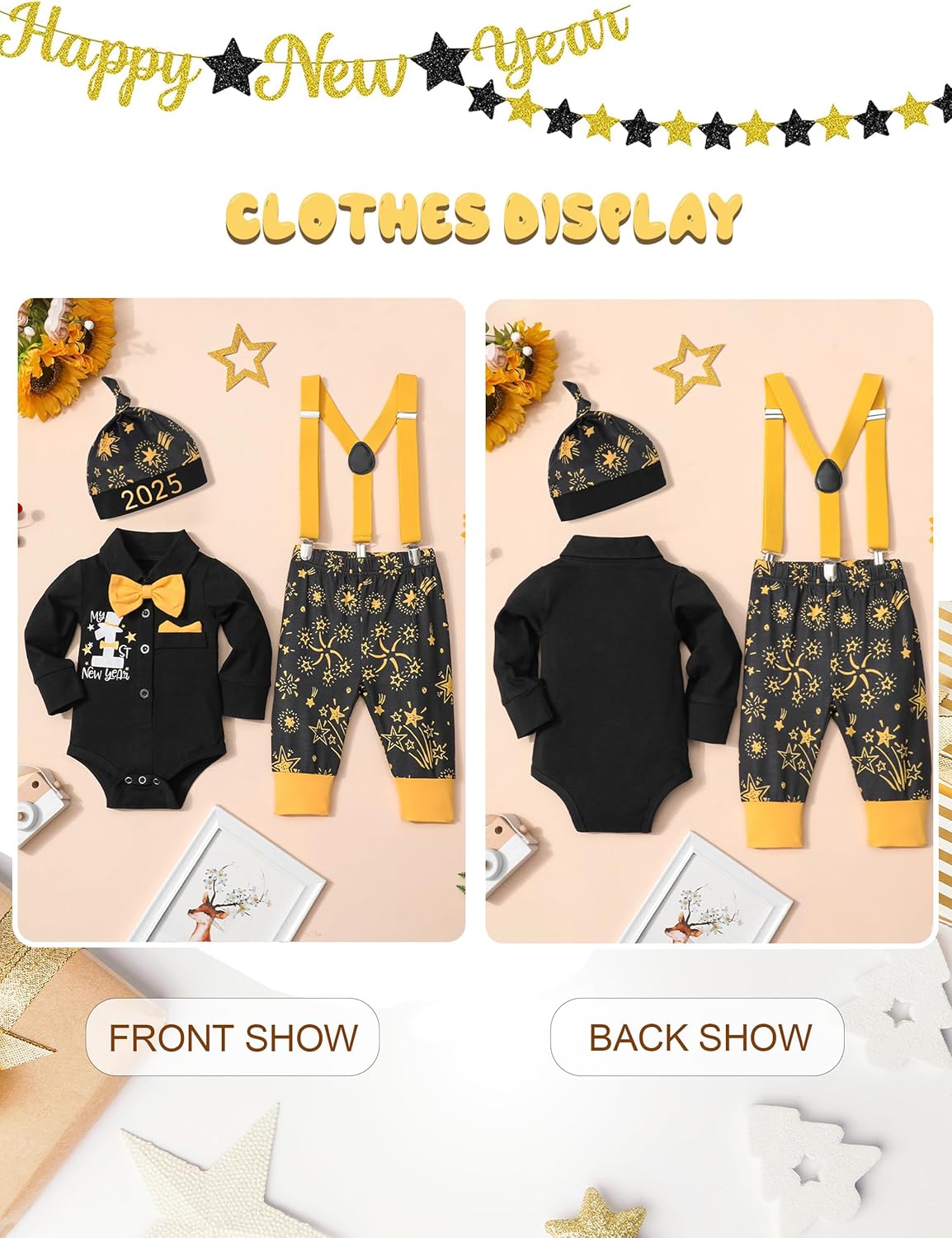 AGAPENG Baby Boy New Year Outfit My 1ST Happy New Year 2024 Gentleman Romper with Bow Tie Suspender Pants Hat 3PCS Clothing