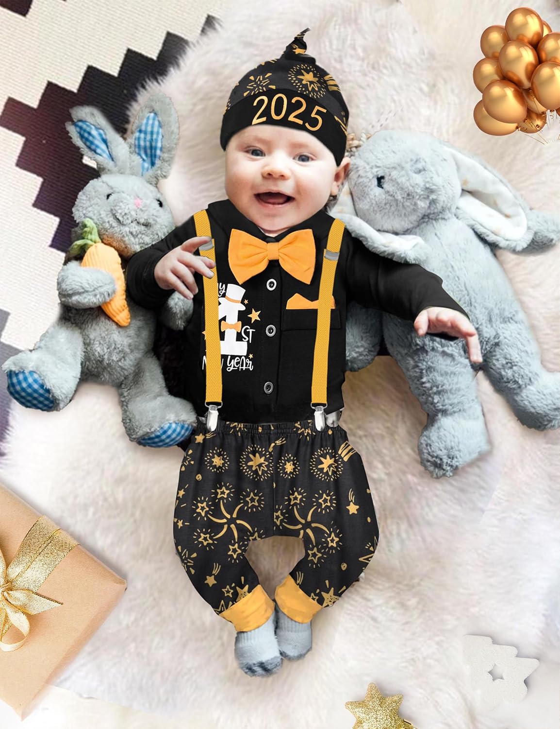 AGAPENG Baby Boy New Year Outfit My 1ST Happy New Year 2024 Gentleman Romper with Bow Tie Suspender Pants Hat 3PCS Clothing