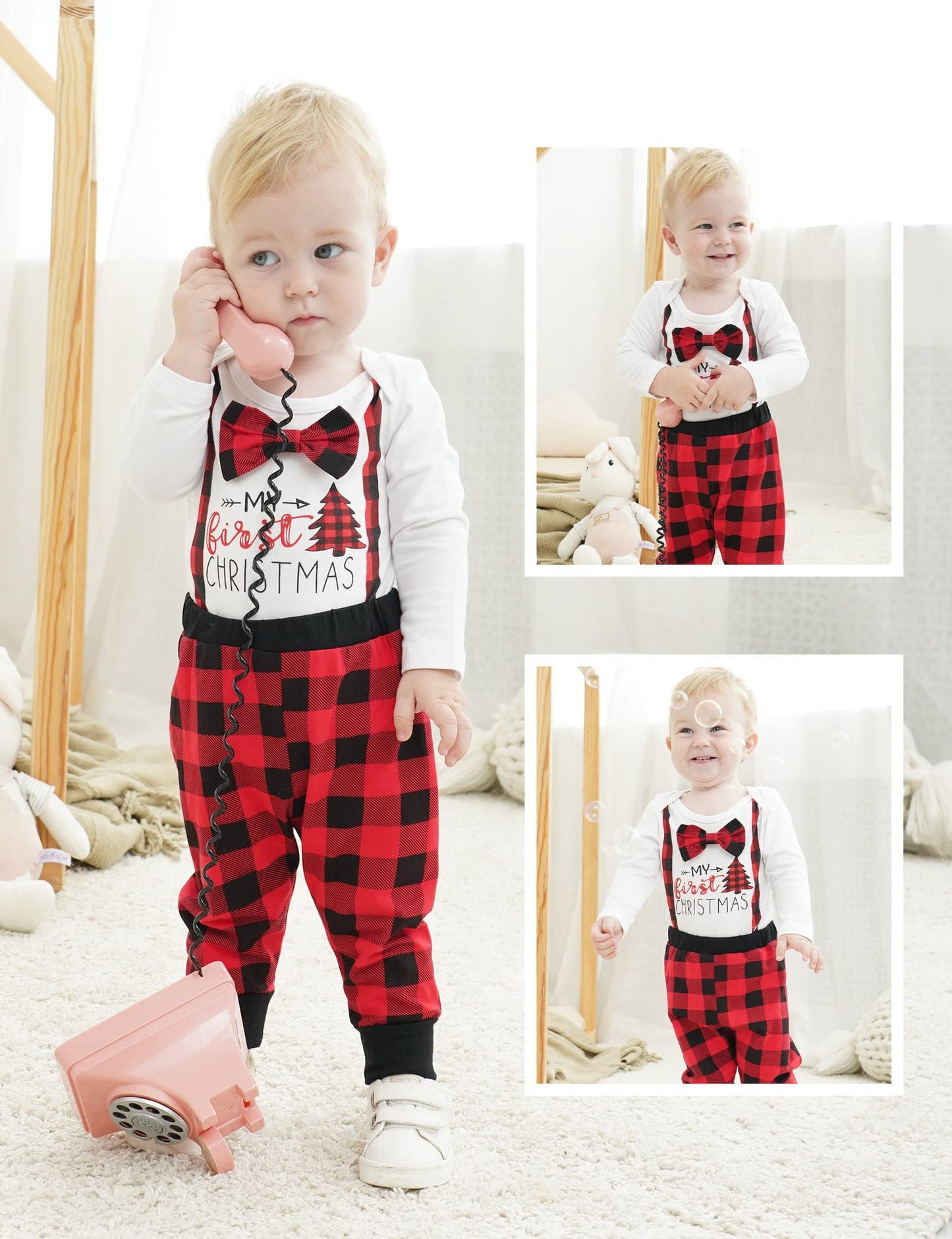 My First Christmas Newborn Girl Boy Xmas Outfits Bow Bodysuit Pants Plaid Hat Infant Christmas Clothes Set