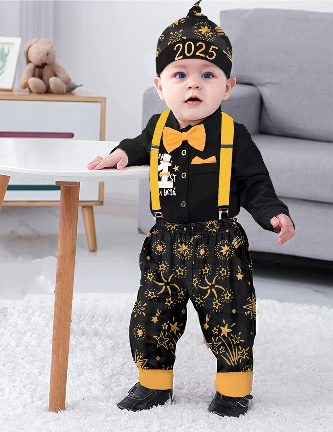AGAPENG Baby Boy New Year Outfit My 1ST Happy New Year 2024 Gentleman Romper with Bow Tie Suspender Pants Hat 3PCS Clothing