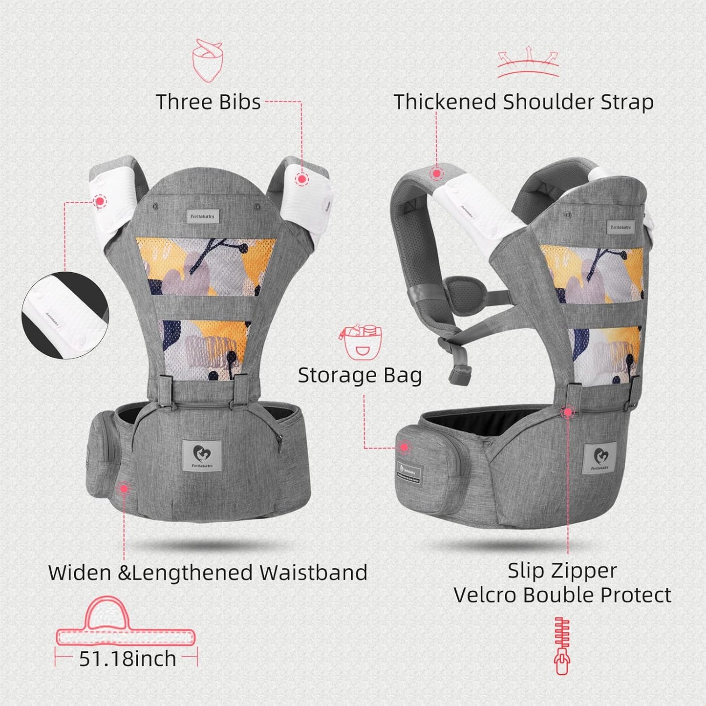 Baby Carrier, Bellababy Multifunction Baby Carrier Hip Seat (Ergonomic M Position) for 3-36 Month Baby, 6-in-1 Ways to Carry, All Seasons, Adjustable Size, Perfect for Shopping Travelling, Grey