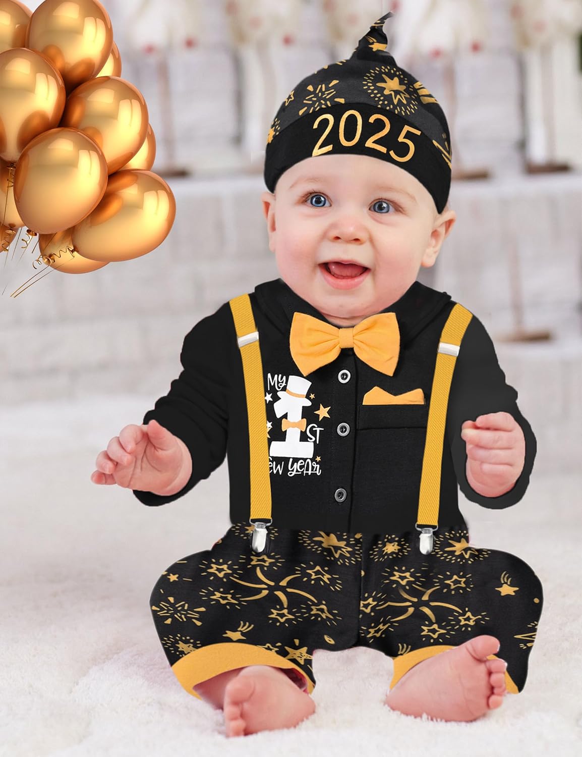 AGAPENG Baby Boy New Year Outfit My 1ST Happy New Year 2024 Gentleman Romper with Bow Tie Suspender Pants Hat 3PCS Clothing