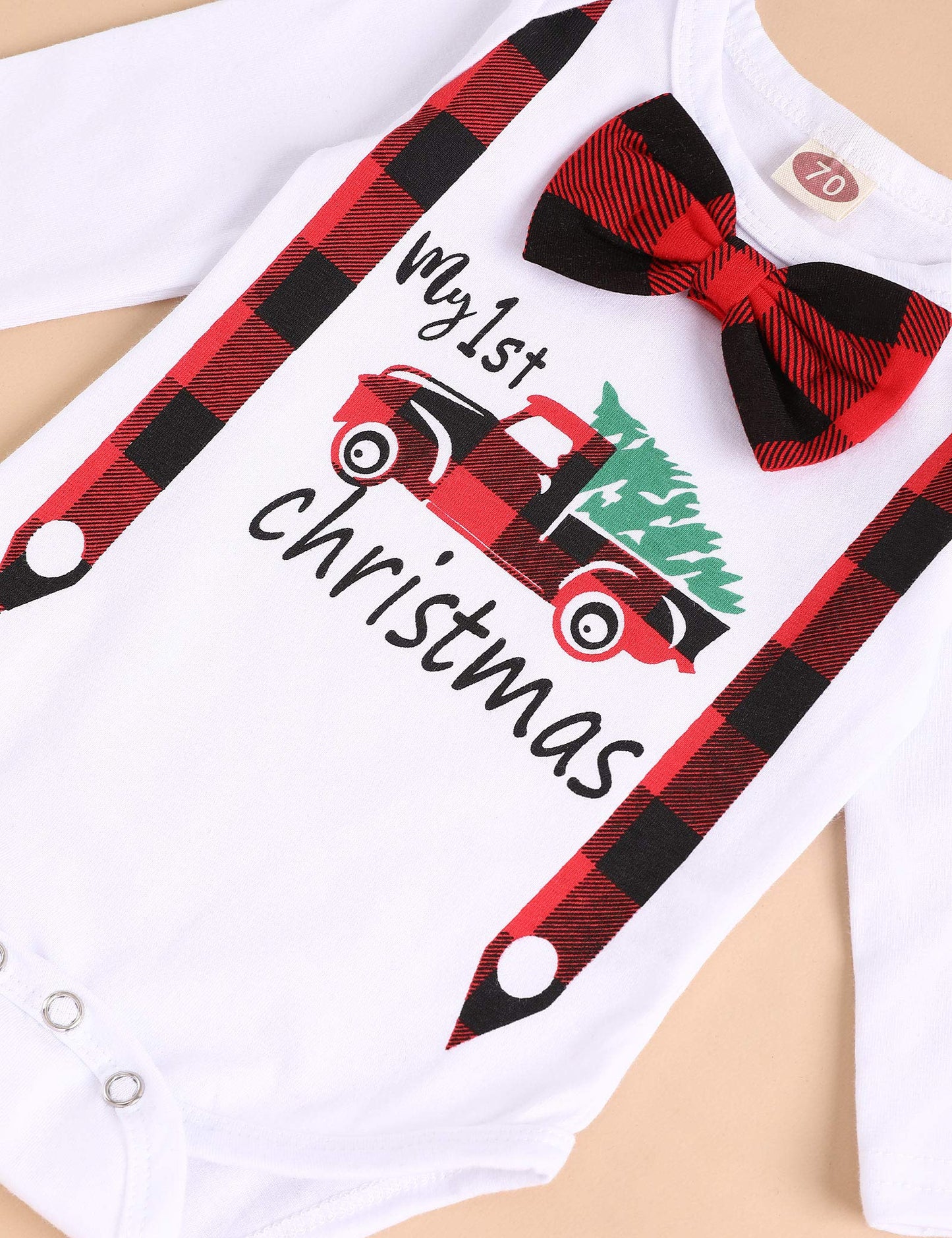 My First Christmas Newborn Girl Boy Xmas Outfits Bow Bodysuit Pants Plaid Hat Infant Christmas Clothes Set
