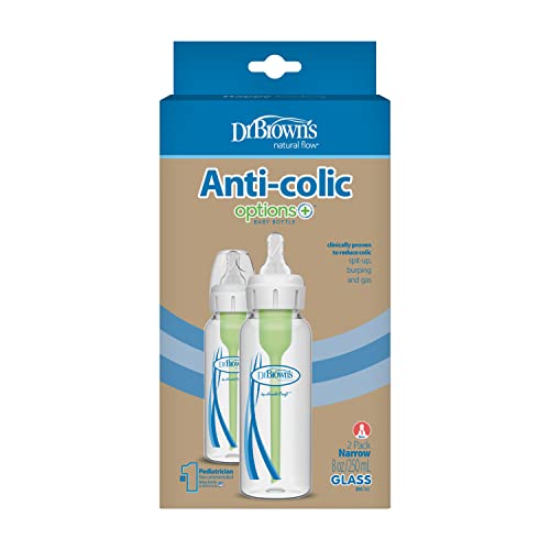 Dr. Brown’s Natural Flow® Anti-Colic Options+™ Narrow Glass Baby Bottles, 2-Pack, 8 oz/250 mL ( Packaging May Vary )