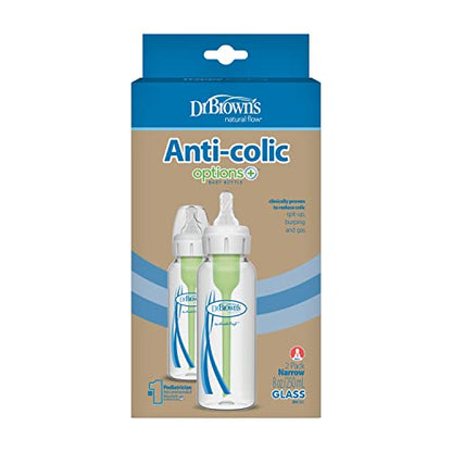 Dr. Brown’s Natural Flow® Anti-Colic Options+™ Narrow Glass Baby Bottles, 2-Pack, 8 oz/250 mL ( Packaging May Vary )