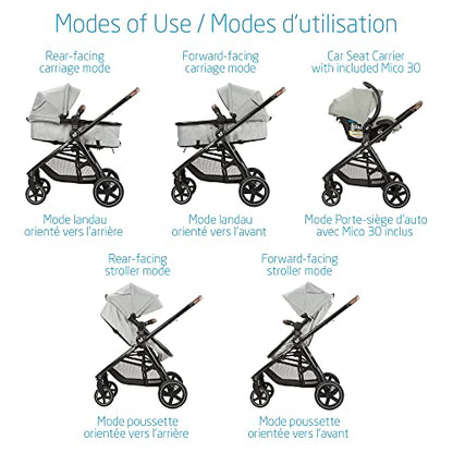 Maxi-Cosi Zelia Max 5-in-1 Modular Travel System, Carraige mode, Reversible toddler seat, Use from birth, Mico infant car seat (included), Polished Pebble