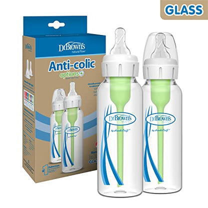 Dr. Brown’s Natural Flow® Anti-Colic Options+™ Narrow Glass Baby Bottles, 2-Pack, 8 oz/250 mL ( Packaging May Vary )