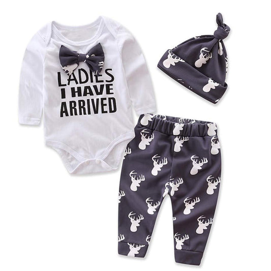 Trsenvrml Infant Baby Boy Clothes Newborn Set Long Sleeve Letter Print Bowtie Romper + Deer Pants + Hat Suit