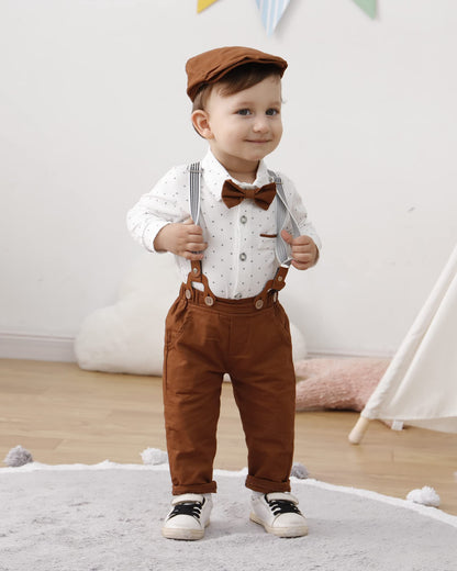 ZOEREA Baby Boy Clothes Infant Tuxedo Long Sleeve Gentleman Outfits + Suspender Pants + Bowtie + Beret Hat Baby Boy Suit Set