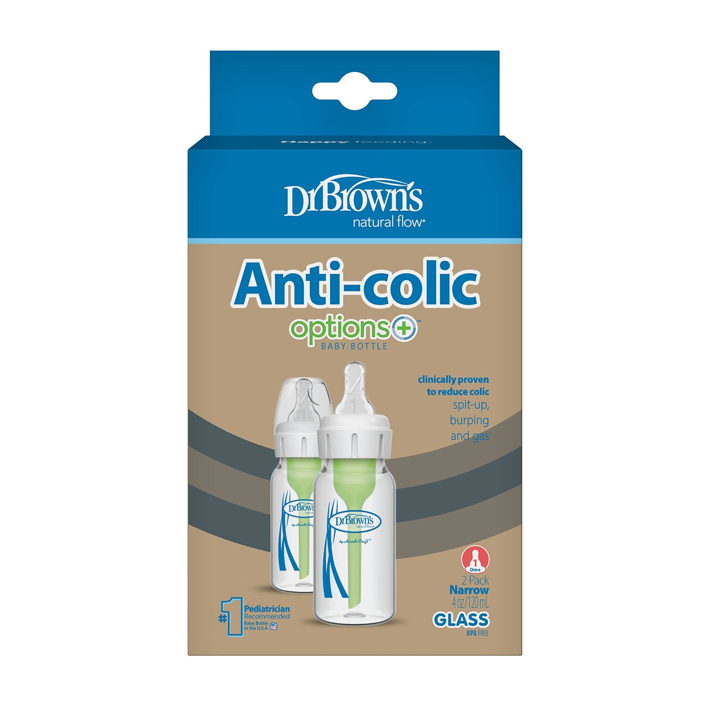 Dr. Brown’s Natural Flow® Anti-Colic Options+™ Narrow Glass Baby Bottles, 2-Pack, 8 oz/250 mL ( Packaging May Vary )