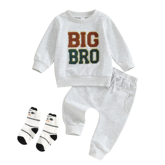 Ouliycoqi 3Pcs Toddler Big Brother Lilttle Bro Baby Long Sleeve Contrast Color Pants Sweatshirt Socks Fall Winter Sets