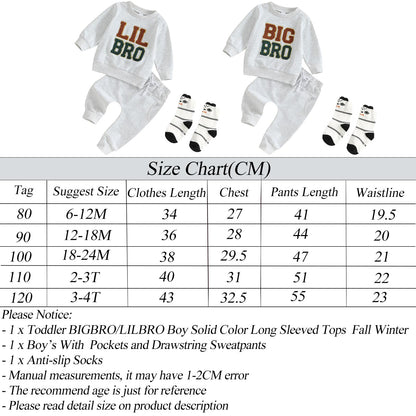 Ouliycoqi 3Pcs Toddler Big Brother Lilttle Bro Baby Long Sleeve Contrast Color Pants Sweatshirt Socks Fall Winter Sets