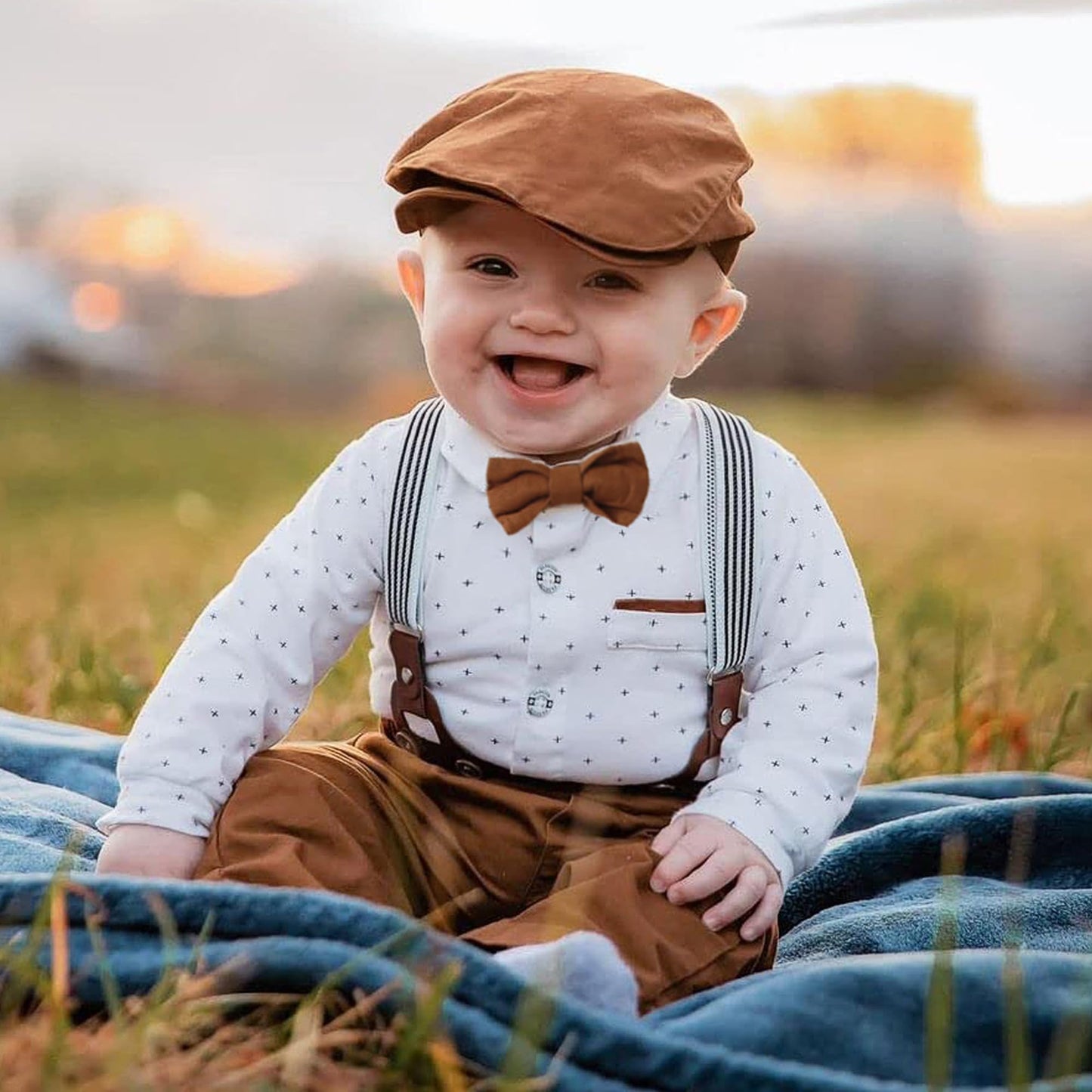 ZOEREA Baby Boy Clothes Infant Tuxedo Long Sleeve Gentleman Outfits + Suspender Pants + Bowtie + Beret Hat Baby Boy Suit Set