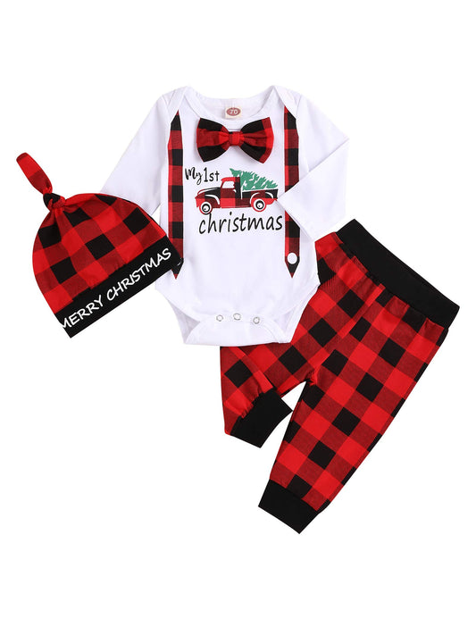 My First Christmas Newborn Girl Boy Xmas Outfits Bow Bodysuit Pants Plaid Hat Infant Christmas Clothes Set