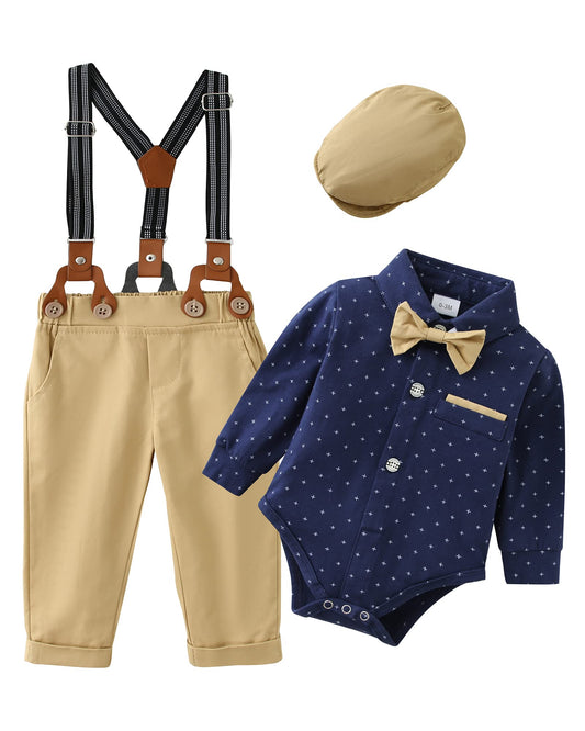 ZOEREA Baby Boy Clothes Infant Tuxedo Long Sleeve Gentleman Outfits + Suspender Pants + Bowtie + Beret Hat Baby Boy Suit Set