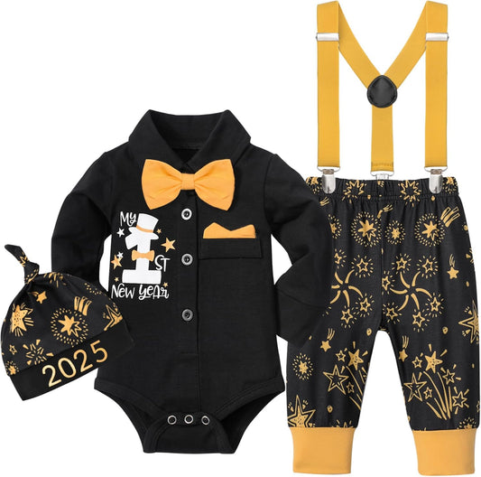 AGAPENG Baby Boy New Year Outfit My 1ST Happy New Year 2024 Gentleman Romper with Bow Tie Suspender Pants Hat 3PCS Clothing