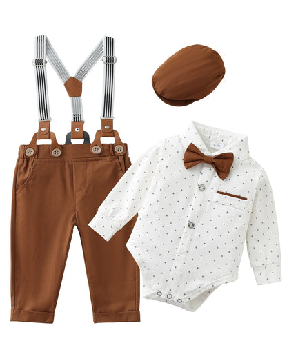ZOEREA Baby Boy Clothes Infant Tuxedo Long Sleeve Gentleman Outfits + Suspender Pants + Bowtie + Beret Hat Baby Boy Suit Set