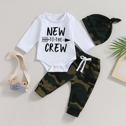 Trsenvrml Infant Baby Boy Set Newborn Clothes Long Sleeve Letter Print Romper + Camouflage Pants + Hat 3 Piece Outfit