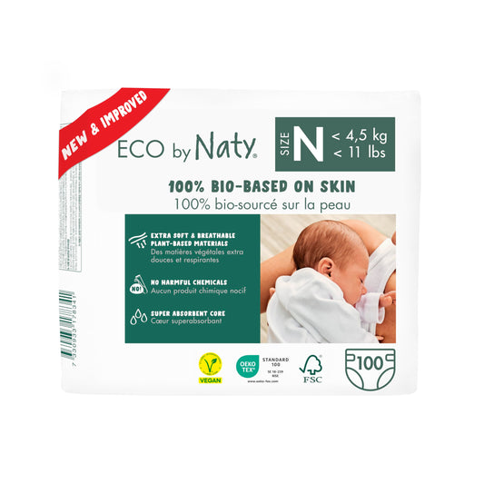 Eco by Naty Couches écologiques pour bébé nouveau-né – Matériaux 100 % végétaux sur la peau, extra doux, pour peau sensible et super absorbantes (taille N, 100 pièces)