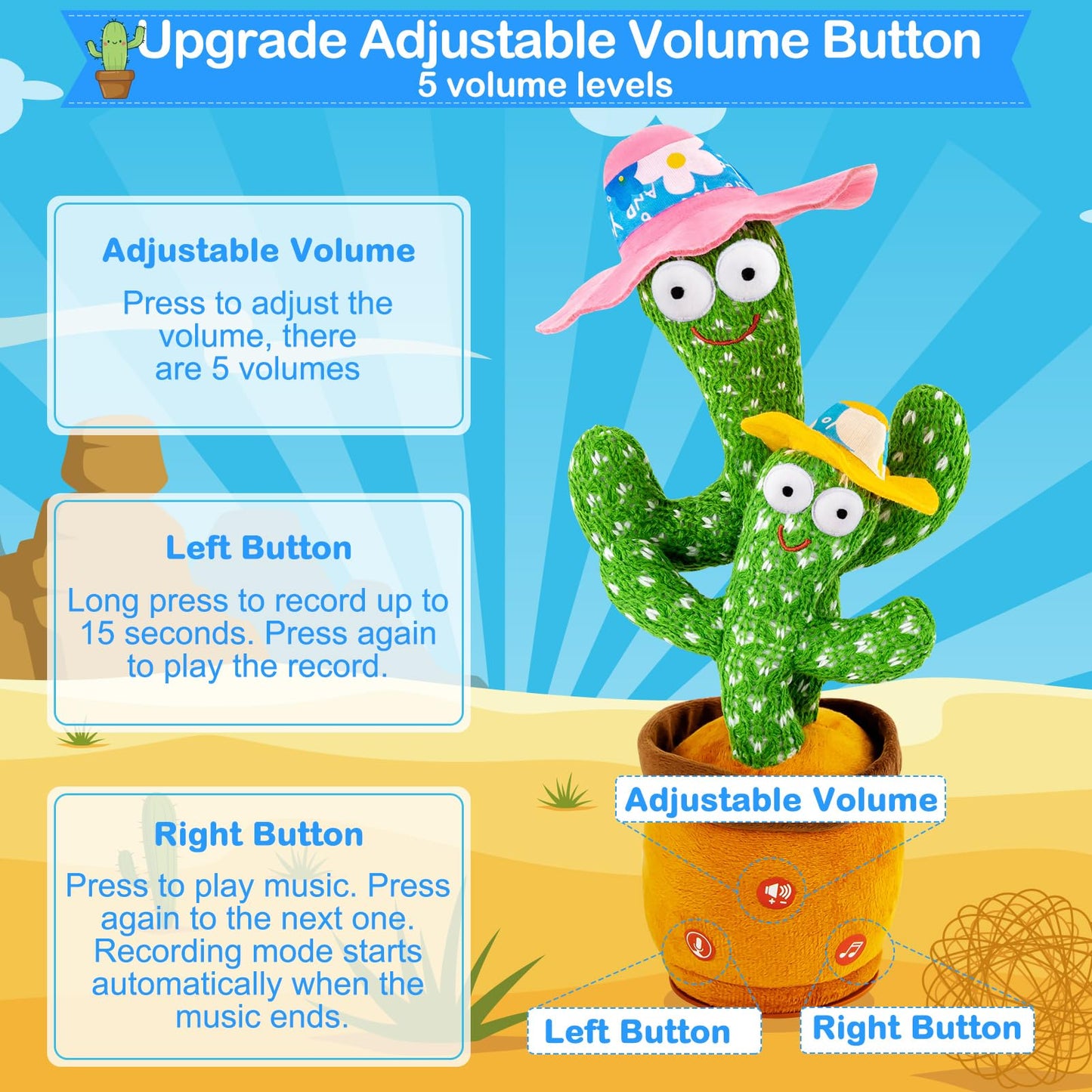 Ayeboovi Dancing Talking Cactus Baby Toy, Mimicking Recording Toy Repeats What You Say, Singing 120 Songs Toddler Toys Gifts for Valentine's Day Easter for Kids Autism Toys for 3 4 5 6+ Year Olds
