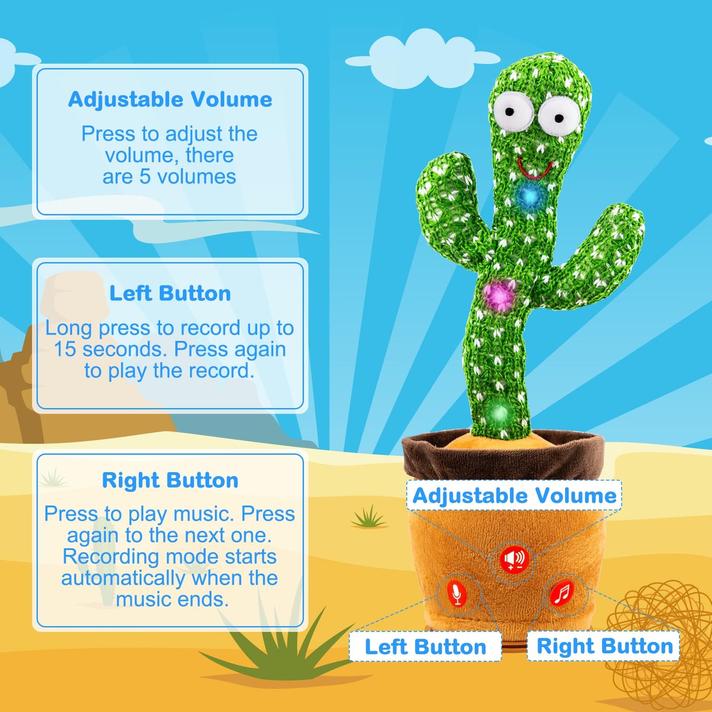 Ayeboovi Dancing Talking Cactus Baby Toy, Mimicking Recording Toy Repeats What You Say, Singing 120 Songs Toddler Toys Gifts for Valentine's Day Easter for Kids Autism Toys for 3 4 5 6+ Year Olds