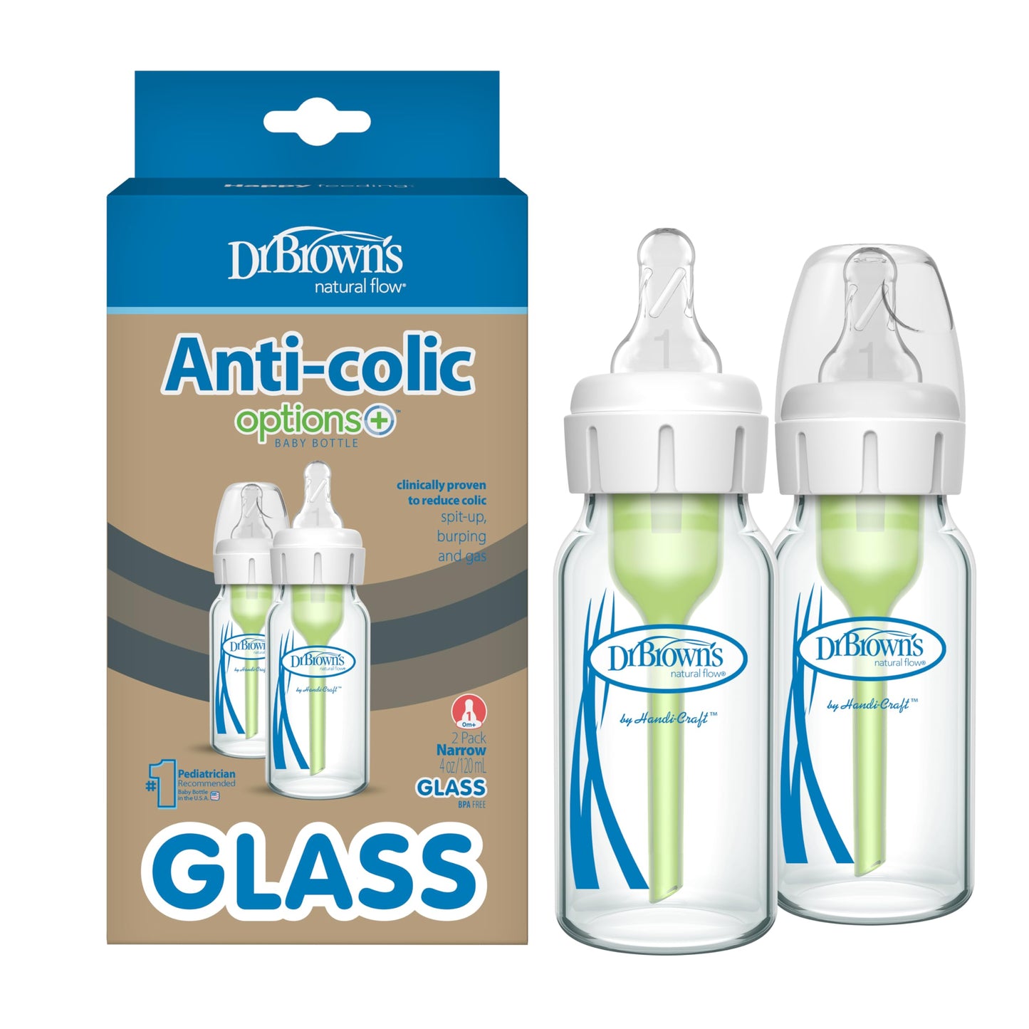 Dr. Brown’s Natural Flow® Anti-Colic Options+™ Narrow Glass Baby Bottles, 2-Pack, 8 oz/250 mL ( Packaging May Vary )