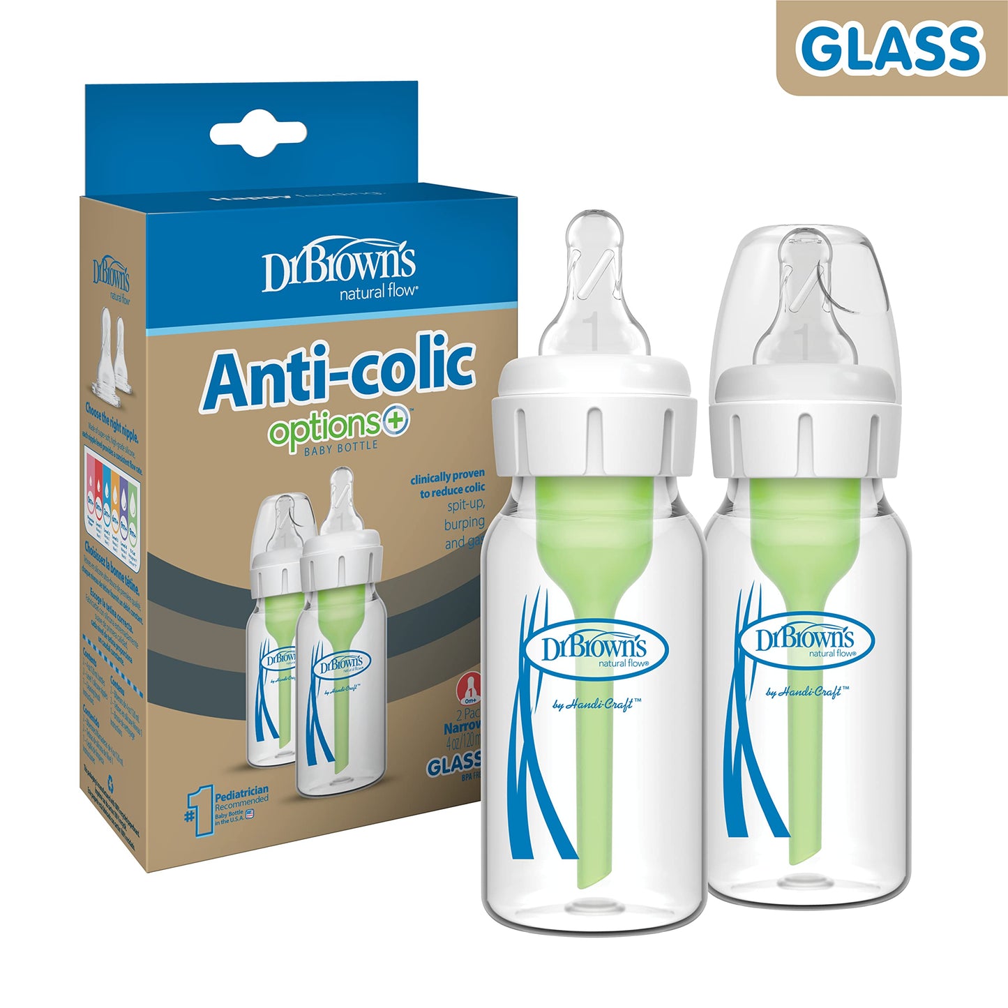 Dr. Brown’s Natural Flow® Anti-Colic Options+™ Narrow Glass Baby Bottles, 2-Pack, 8 oz/250 mL ( Packaging May Vary )