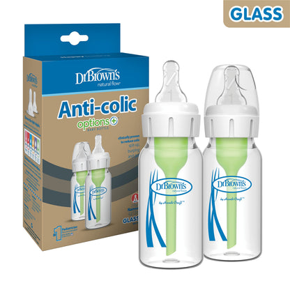 Dr. Brown’s Natural Flow® Anti-Colic Options+™ Narrow Glass Baby Bottles, 2-Pack, 8 oz/250 mL ( Packaging May Vary )