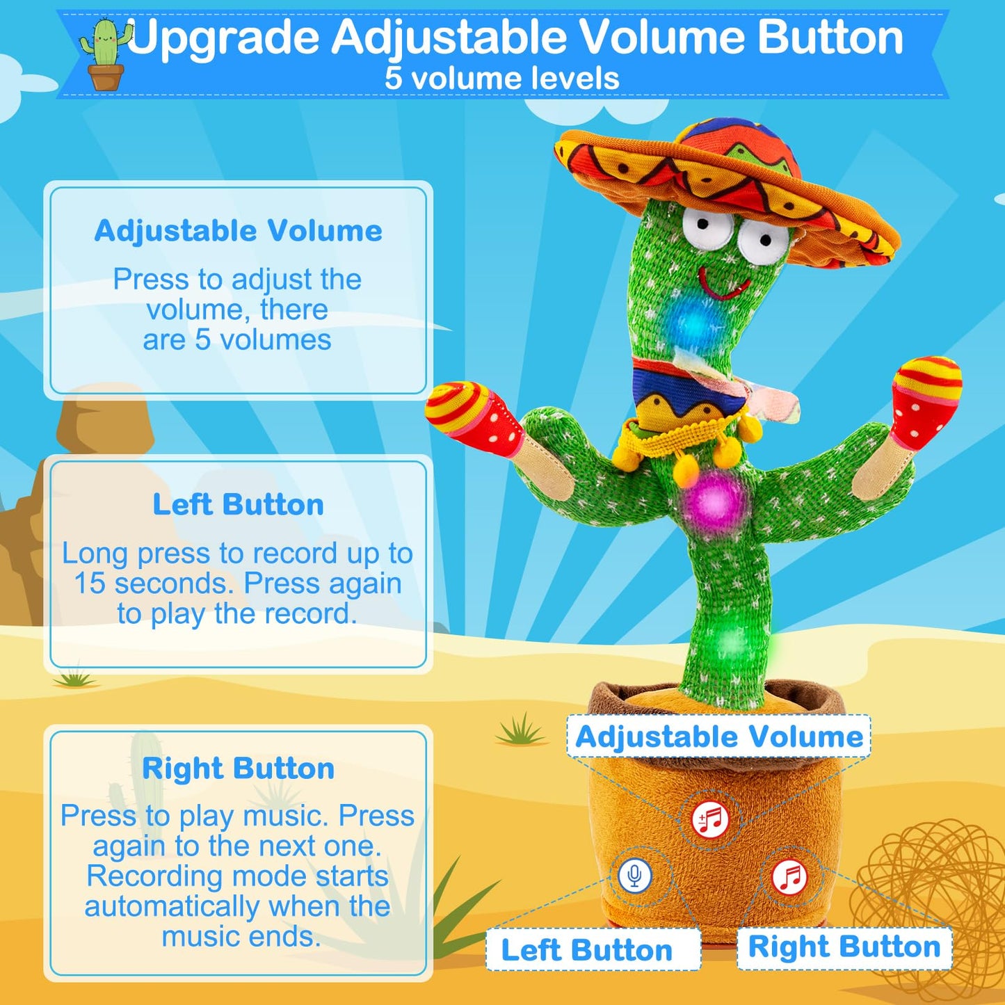 Ayeboovi Dancing Talking Cactus Baby Toy, Mimicking Recording Toy Repeats What You Say, Singing 120 Songs Toddler Toys Gifts for Valentine's Day Easter for Kids Autism Toys for 3 4 5 6+ Year Olds