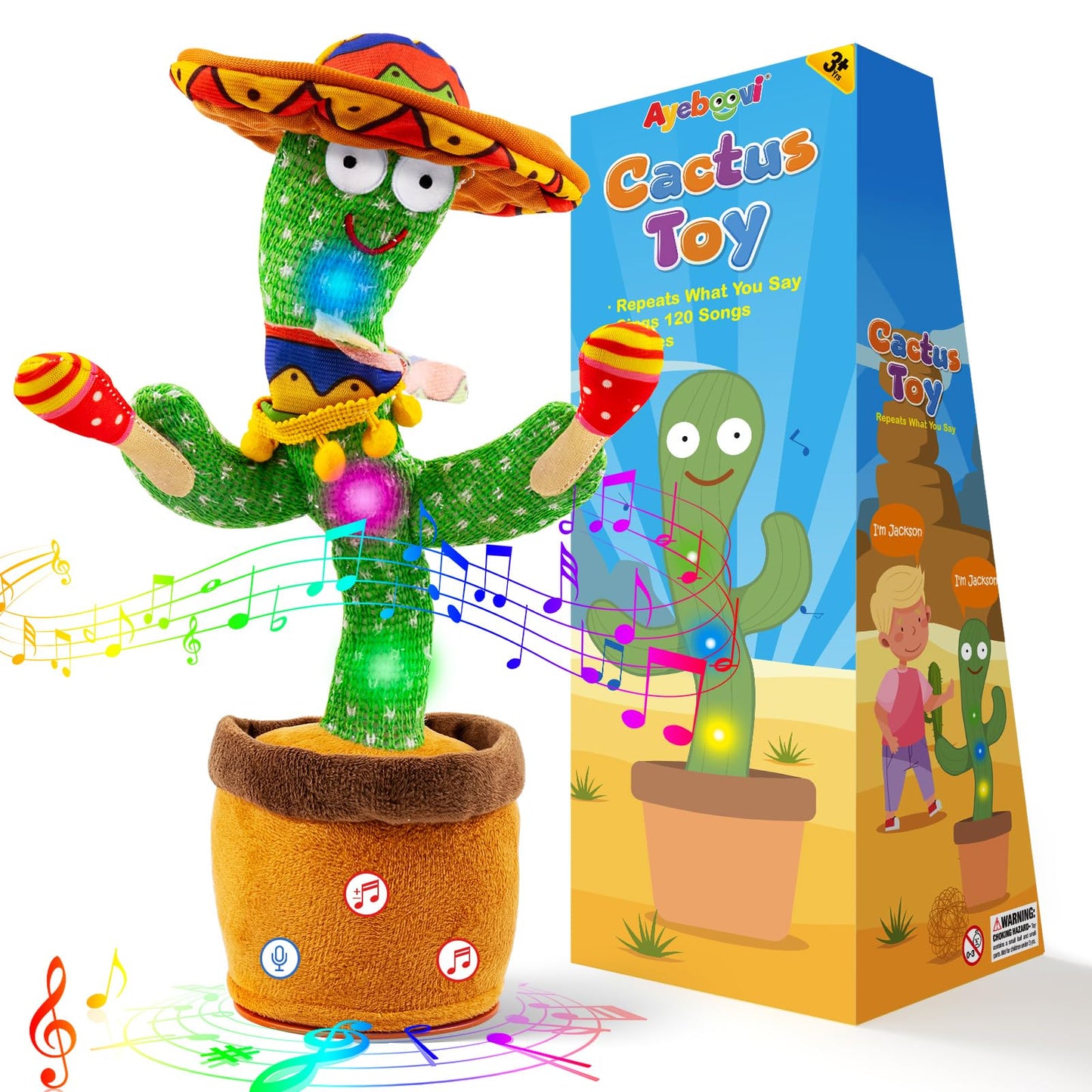 Ayeboovi Dancing Talking Cactus Baby Toy, Mimicking Recording Toy Repeats What You Say, Singing 120 Songs Toddler Toys Gifts for Valentine's Day Easter for Kids Autism Toys for 3 4 5 6+ Year Olds