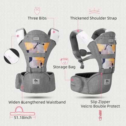 Baby Carrier, Bellababy Multifunction Baby Carrier Hip Seat (Ergonomic M Position) for 3-36 Month Baby, 6-in-1 Ways to Carry, All Seasons, Adjustable Size, Perfect for Shopping Travelling, Grey