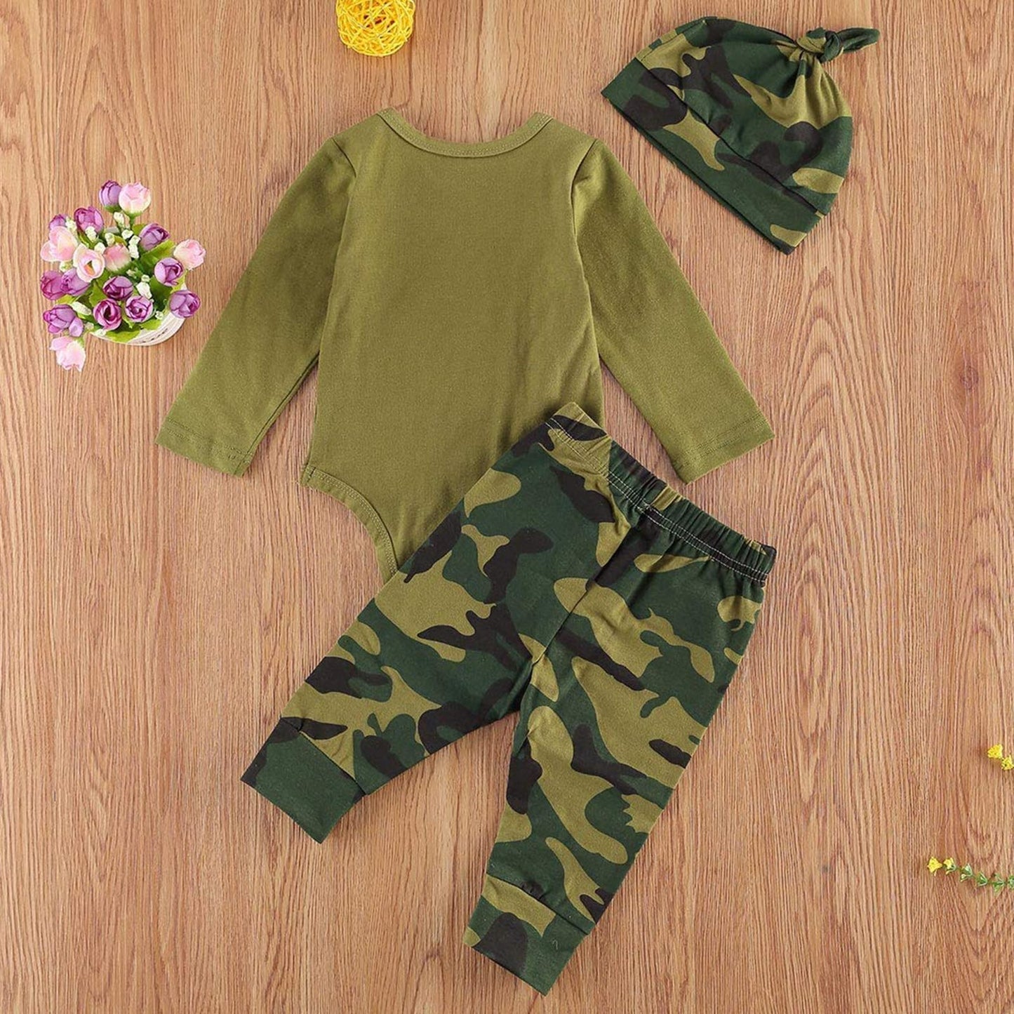 Trsenvrml Infant Baby Boy Set Newborn Clothes Long Sleeve Letter Print Romper + Camouflage Pants + Hat 3 Piece Outfit