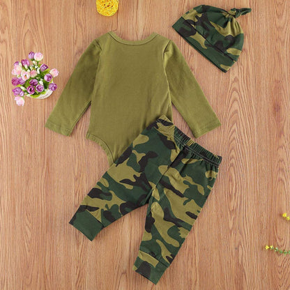 Trsenvrml Infant Baby Boy Set Newborn Clothes Long Sleeve Letter Print Romper + Camouflage Pants + Hat 3 Piece Outfit